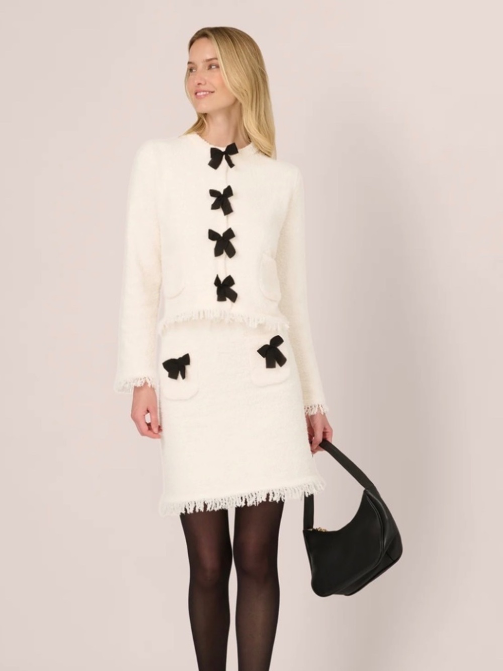 NWT ADRIANNA PAPELL Chenille Boucle Bow Skirt In Ivory Black M